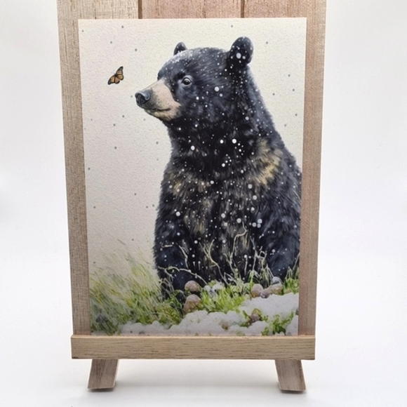 NobleCaptures Other - 4x6 Black Bear with Butterfly‎ Watercolor Oil Painting Print